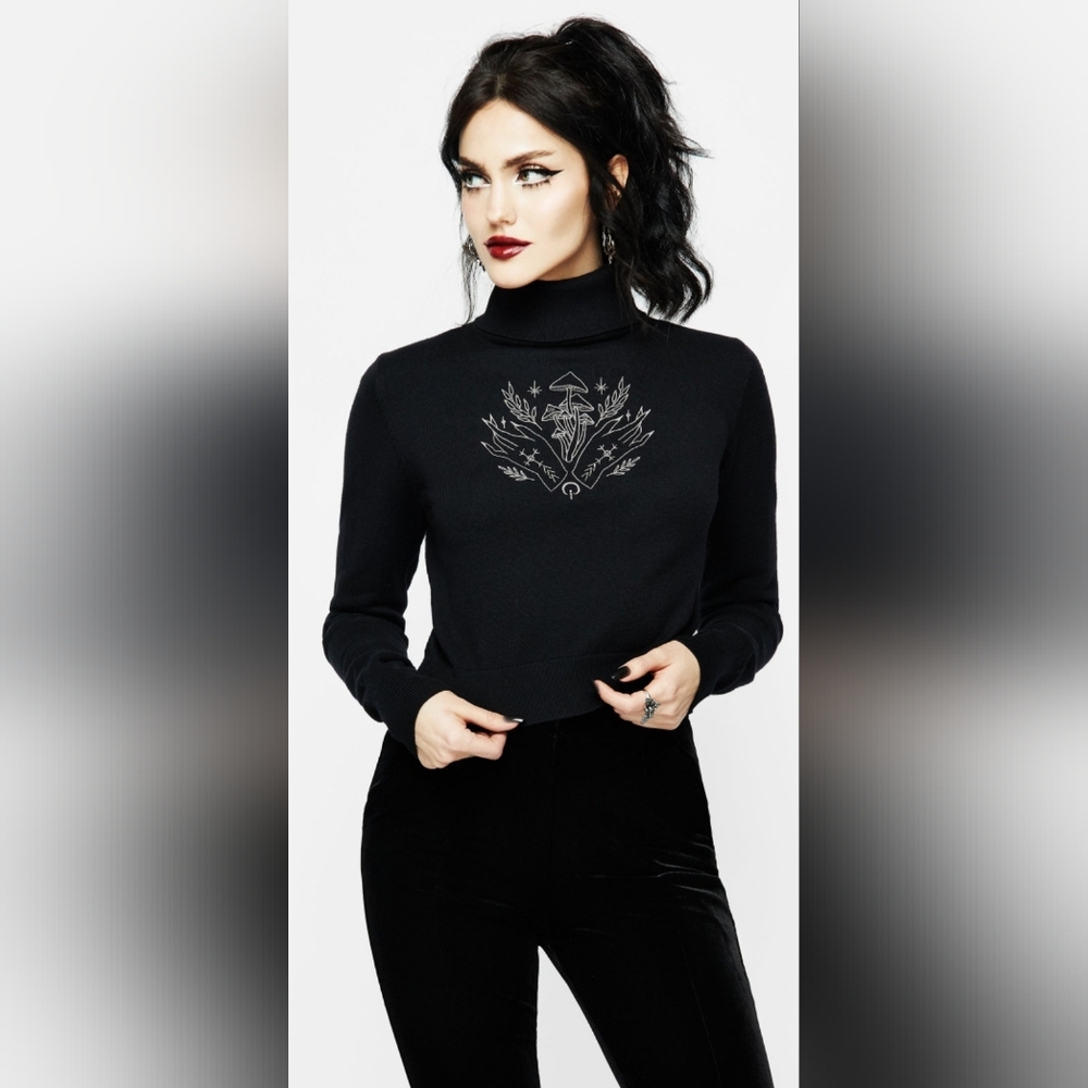 Disturbia Mystify Embroidered Black Ribbed Crop Knit Sweater